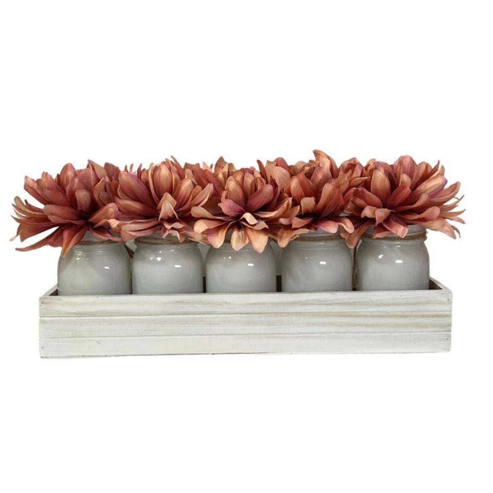 Pink Faux Floral 5 Vase White Wooden Crate Arrangement